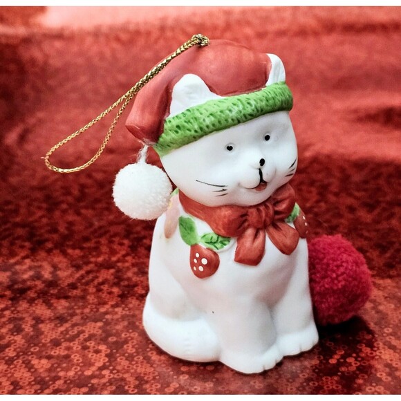 Cat Porcelain Bell Ornament Christmas Ring-A-Lings BOA 1988 Hat Scarf Fluff Tail - Picture 2 of 11
